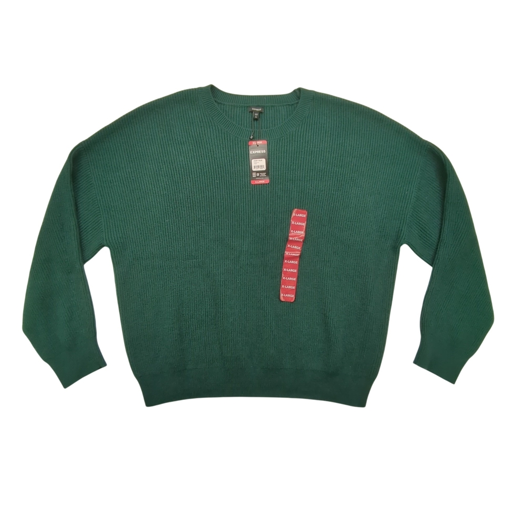Express Sweater Mens XL Relaxed Fit Crewneck Ribbed Green Pullover New Tags